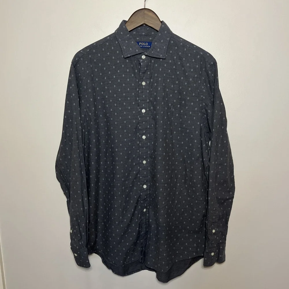 Polo Ralph Lauren Men's Gray Diamond Pattern Button Front L/S‎ Shirt Sz Large